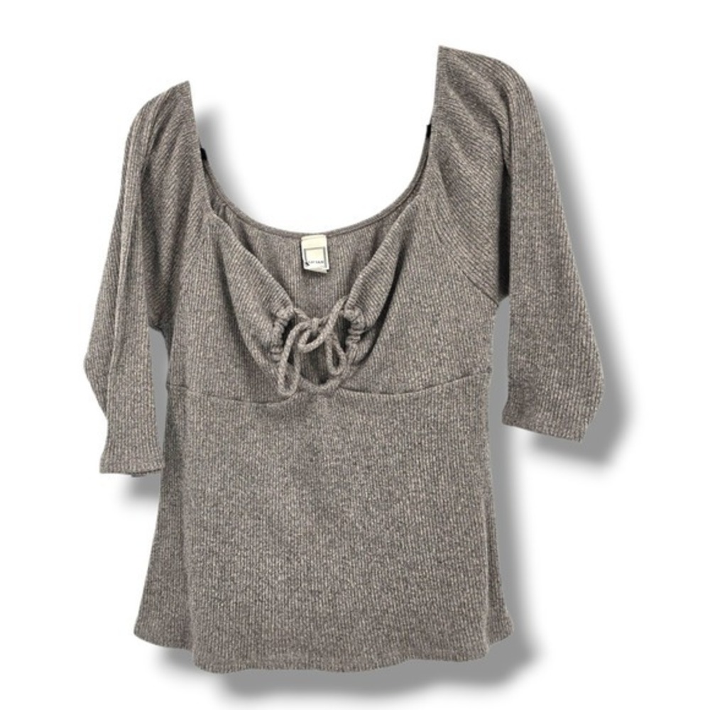 Lilian Gray Knit Top Tie Front Square Neck 3/4 Sleeve Womens Size Large